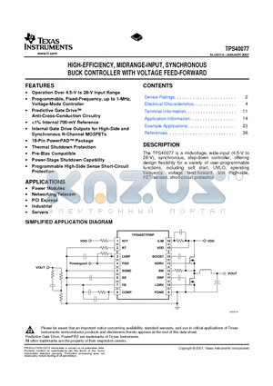 TPS40077 datasheet - HIGH-EFFICIENCY, MIDRANGE-INPUT, SYNCHRONOUS BUCK CONTROLLER WITH VOLTAGE FEED-FORWARD