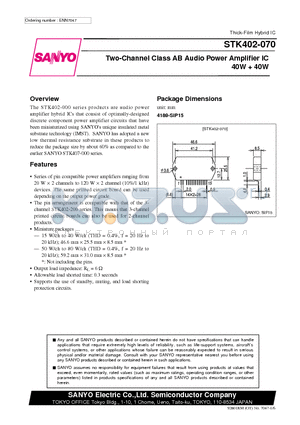 STK402-020 datasheet - Two-Channel Class AB Audio Power Amplifier IC 40W  40W