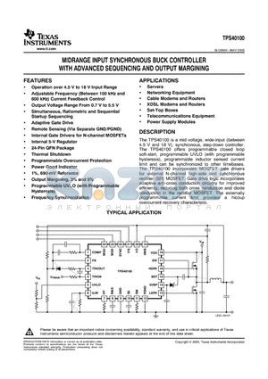 TPS40100RGET datasheet - MIDRANGE INPUT SYNCHRONOUS BUCK CONTROLLER WITH ADVANCED SEQUENCING AND OUTPUT MARGINING