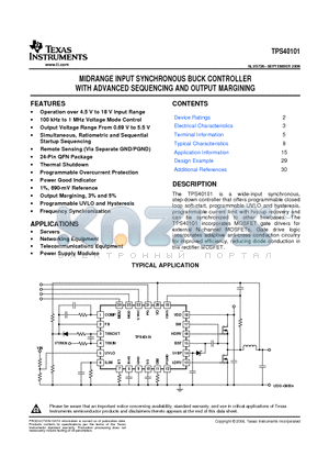 TPS40101RGER datasheet - MIDRANGE INPUT SYNCHRONOUS BUCK CONTROLLER WITH ADVANCED SEQUENCING AND OUTPUT MARGINING