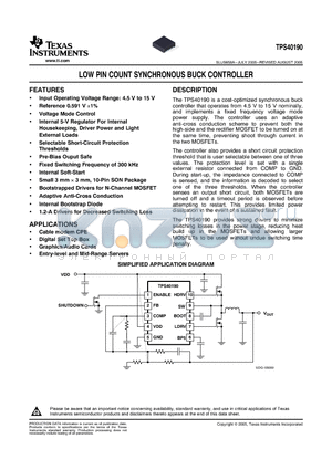 TPS40190 datasheet - LOW PIN COUNT SYNCHRONOUS BUCK CONTROLLER