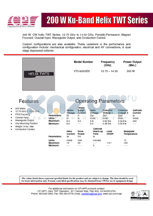 VTU-6395D5 datasheet - 200W Ku-Band Helix TWT Series