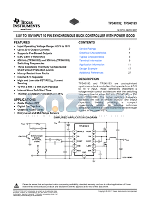 TPS40190 datasheet - 4.5V TO 18V INPUT 10 PIN SYNCHRONOUS BUCK CONTROLLER WITH POWER GOOD