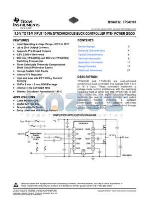 TPS40192DRCR datasheet - 4.5-V TO 18-V INPUT 10-PIN SYNCHRONOUS BUCK CONTROLLER WITH POWER GOOD