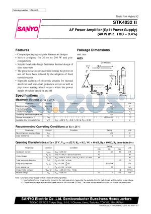STK4032II datasheet - AF Power Amplifier (Split Power Supply) (40W min, THD = 0.4%)