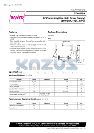 STK4036II datasheet - AF Power Amplifier (Split Power Supply) (50W min, THD = 0.4%)