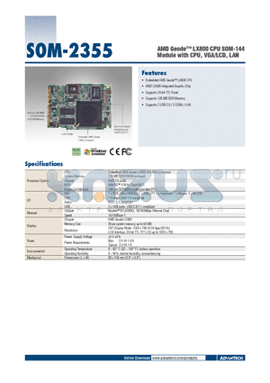 SOM-2355 datasheet - AMD Geode LX800 CPU SOM-144 Module with CPU, VGA/LCD, LAN