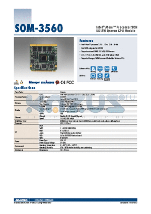 SOM-3560 datasheet - Intel^ Atom Processor SCH US15W Qseven CPU Module