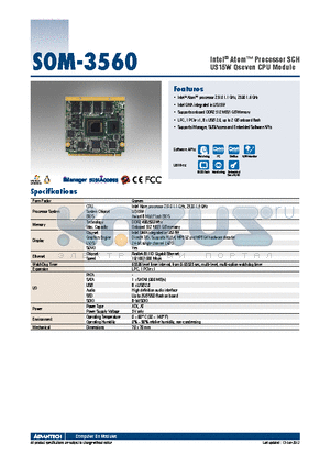 SOM-3560FG-S1A1E datasheet - Intel^ Atom Processor SCH US15W Qseven CPU Module