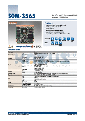 SOM-3565 datasheet - Intel^ Atom Processor N2600 Qseven CPU Module