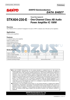 STK404-230-E datasheet - One-Channel Class AB Audio Power Amplifier IC 100W