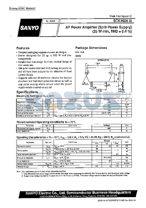 STK4026 datasheet - AF Power Amplifier (Split Power Supply) (25 W min, THD = 0.4%)