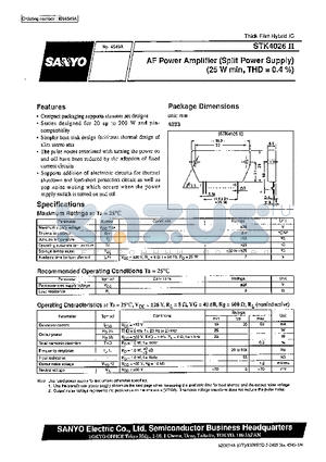 STK4026II datasheet - AF Power Amplifier (Split Power Supply) (25 W min, THD = 0.4%)