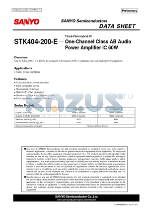 STK404-200-E datasheet - One-Channel Class AB Audio Power Amplifier IC 60W