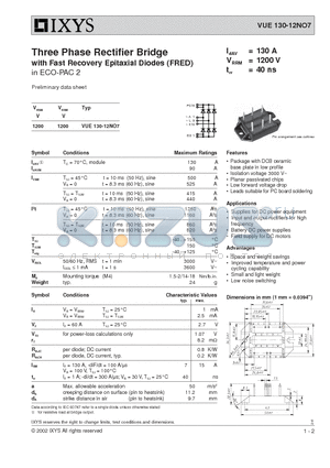 VUE130-12NO7 datasheet - Three Phase Rectifier Bridge with Fast Recovery Epitaxial Diodes (FRED)