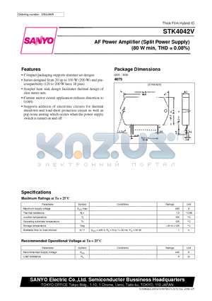 STK4042 datasheet - AF Power Amplifier (Split Power Supply) (80 W min, THD = 0.08%)