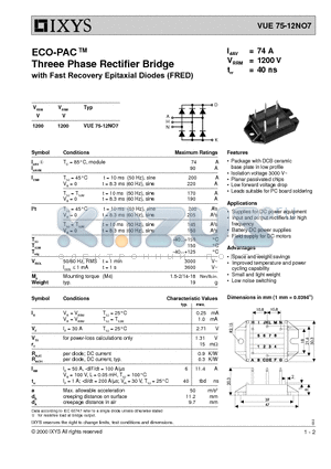 VUE75-12NO7 datasheet - ECO-PAC Threee Phase Rectifier Bridge with Fast Recovery Epitaxial Diodes (FRED)