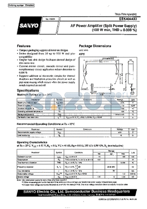 STK4044XI datasheet - AF Power Amplifier (Split Power Supply) (100 W min, THD = 0.008%)