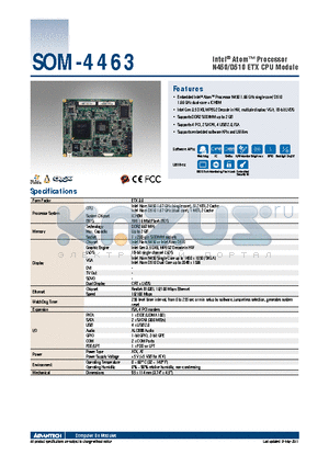 SOM-4463N-S6A1E datasheet - Intel^ Atom Processor N450/D510 ETX CPU Module