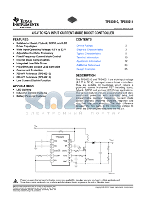 TPS40210DRCT datasheet - 4.5-V TO 52-V INPUT CURRENT MODE BOOST CONTROLLER