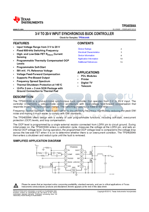 TPS40304A datasheet - 3-V TO 20-V INPUT SYNCHRONOUS BUCK CONTROLLER