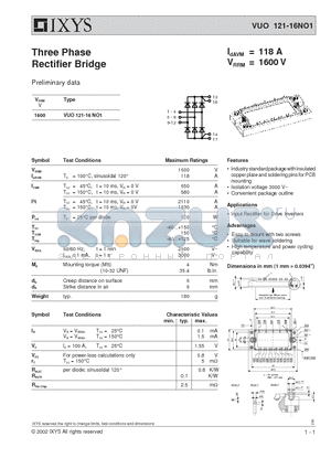 VUO121-16NO1 datasheet - Three Phase Rectifier Bridge