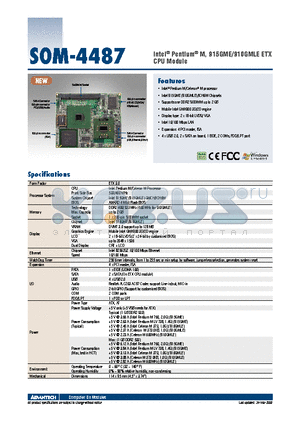 SOM-4487FL-00A1E datasheet - Intel^ Pentium^ M, 915GME/910GMLE ETX CPU Module