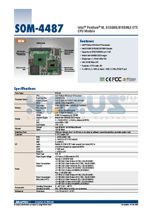 SOM-4487FL-S0A1E datasheet - Intel^ Pentium^ M, 915GME/910GMLE ETX CPU Module