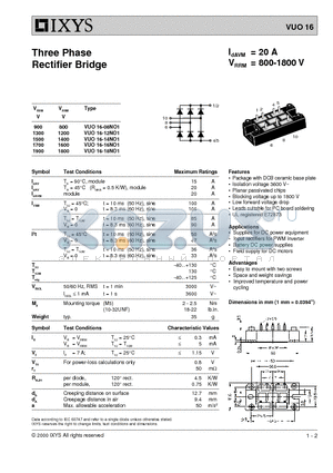 VUO16-08NO1 datasheet - Three Phase Rectifier Bridge