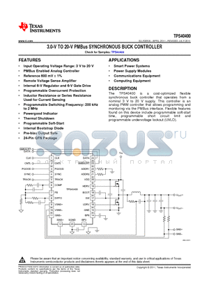 TPS40400RHLR datasheet - 3.0-V TO 20-V PMBus SYNCHRONOUS BUCK CONTROLLER