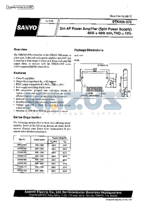 STK405-050 datasheet - 2ch AF Power Amplifier (Split Power Supply) 40W  40 W min, THD =10%