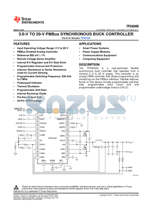 TPS40400RHLR datasheet - 3.0-V TO 20-V PMBus SYNCHRONOUS BUCK CONTROLLER