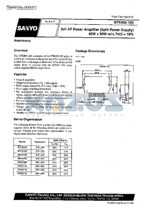 STK405-050 datasheet - 2ch AF Power Amplifier (Split Power Supply) 60W  60W min, THD =10%