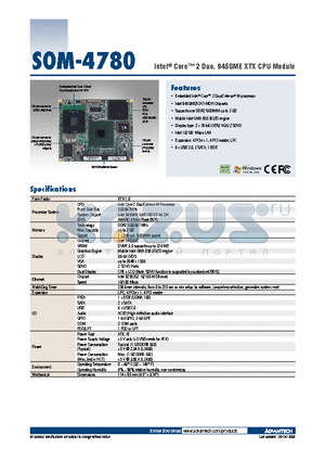 SOM-4780 datasheet - Intel^ Core 2 Duo, 945GME XTX CPU Module