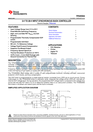 TPS40304A_1 datasheet - 3-V TO 20-V INPUT SYNCHRONOUS BUCK CONTROLLER