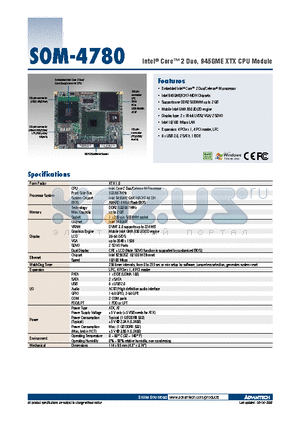 SOM-4780FL-00A2E datasheet - Intel^ Core 2 Duo, 945GME XTX CPU Module