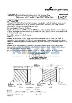 TD231 datasheet - Technical Specifications for 5 kA, Normal-Duty Distribution 4.5 kV and 5 kV VariSTAR MOV Disks