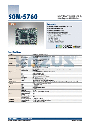 SOM-5760 datasheet - Intel^ Atom SCH US15W XL COM-Express CPU Module