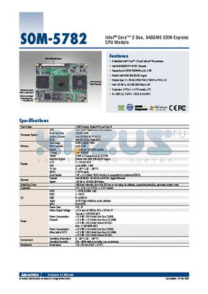 SOM-5782FG-00A1E datasheet - Intel^ Core 2 Duo, 945GME COM-Express CPU Module