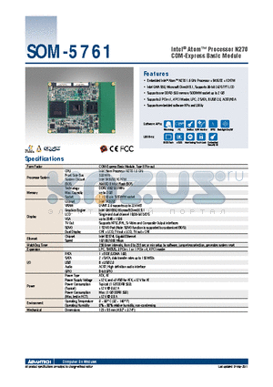 SOM-5761Z-S6A1E datasheet - Intel^ Atom Processor N270 COM-Express Basic Module
