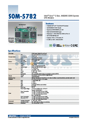 SOM-5782FG-00A2E datasheet - Intel^ Core 2 Duo, 945GME COM-Express CPU Module