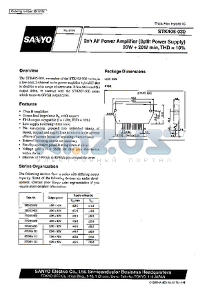 STK405-100 datasheet - 2ch AF Power Amplifier (Split Power Supply) 20W  20 W min, THD =10%