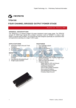 TPS4100 datasheet - FOUR CHANNEL BRIDGED OUTPUT POWER STAGE