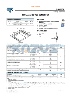 SIR166DP-T1-GE3 datasheet - N-Channel 30-V (D-S) MOSFET