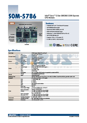 SOM-5786FG-S0A1E datasheet - Intel^ Core 2 Duo GME965 COM-Express CPU Module