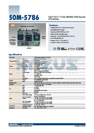 SOM-5786FG-00A1E datasheet - Intel^ Core 2 Duo GME965 COM-Express CPU Module