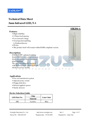SIR204-A datasheet - 3mm Infrared LED, T-1