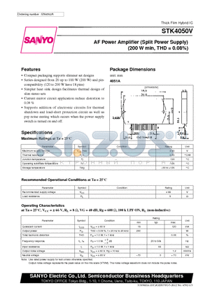 STK4050V datasheet - AF Power Amplifier (Split Power Supply) (200 W min, THD = 0.08%)