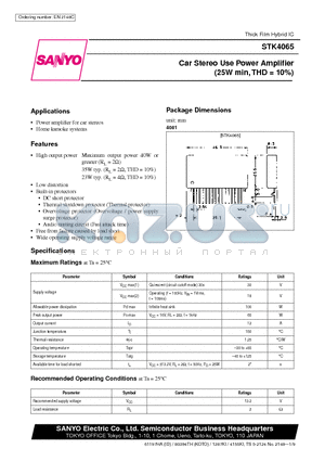 STK4065 datasheet - Car Stereo Use Power Amplifier (25W min, THD = 10%)