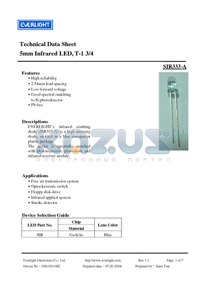 SIR333-A datasheet - 5mm Infrared LED , T-1 3/4